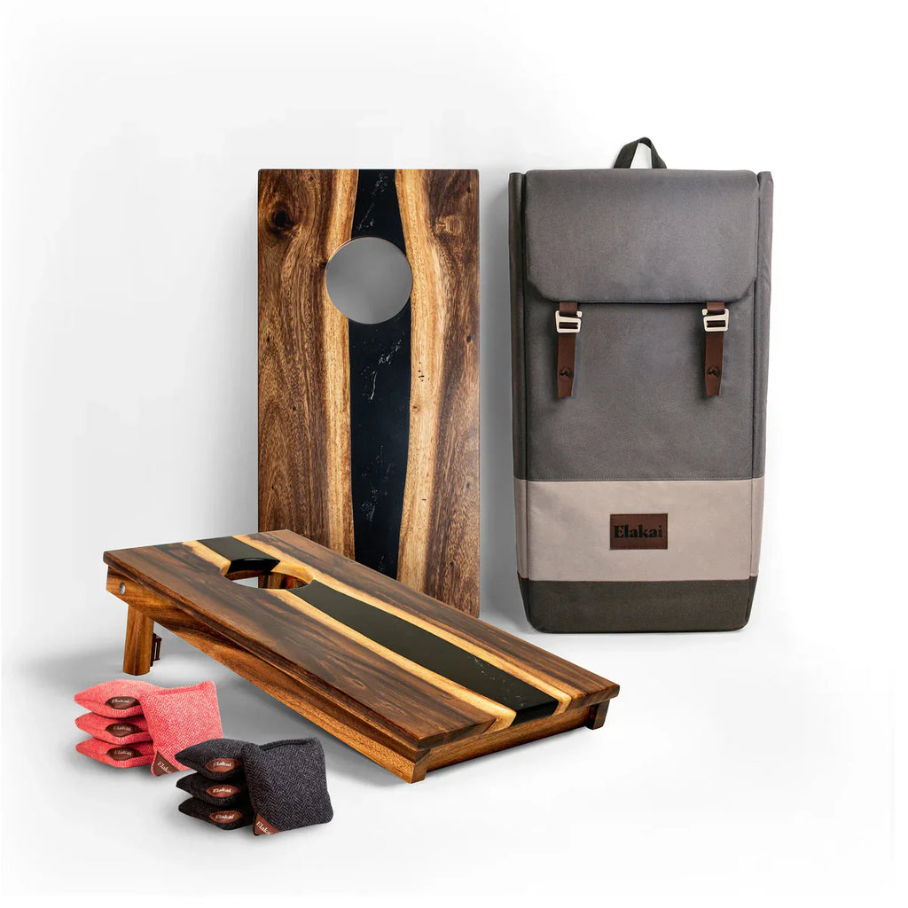 Elakai 1ft x 2ft River Epoxy Resin With Live Edge Acacia Pathfinder Art Cornhole Board Set