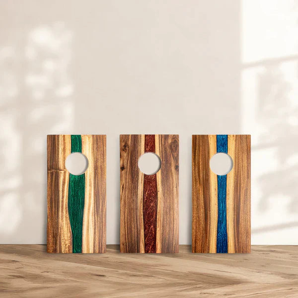 Elakai 1ft x 2ft River Epoxy Resin With Live Edge Acacia Pathfinder Art Cornhole Board Set
