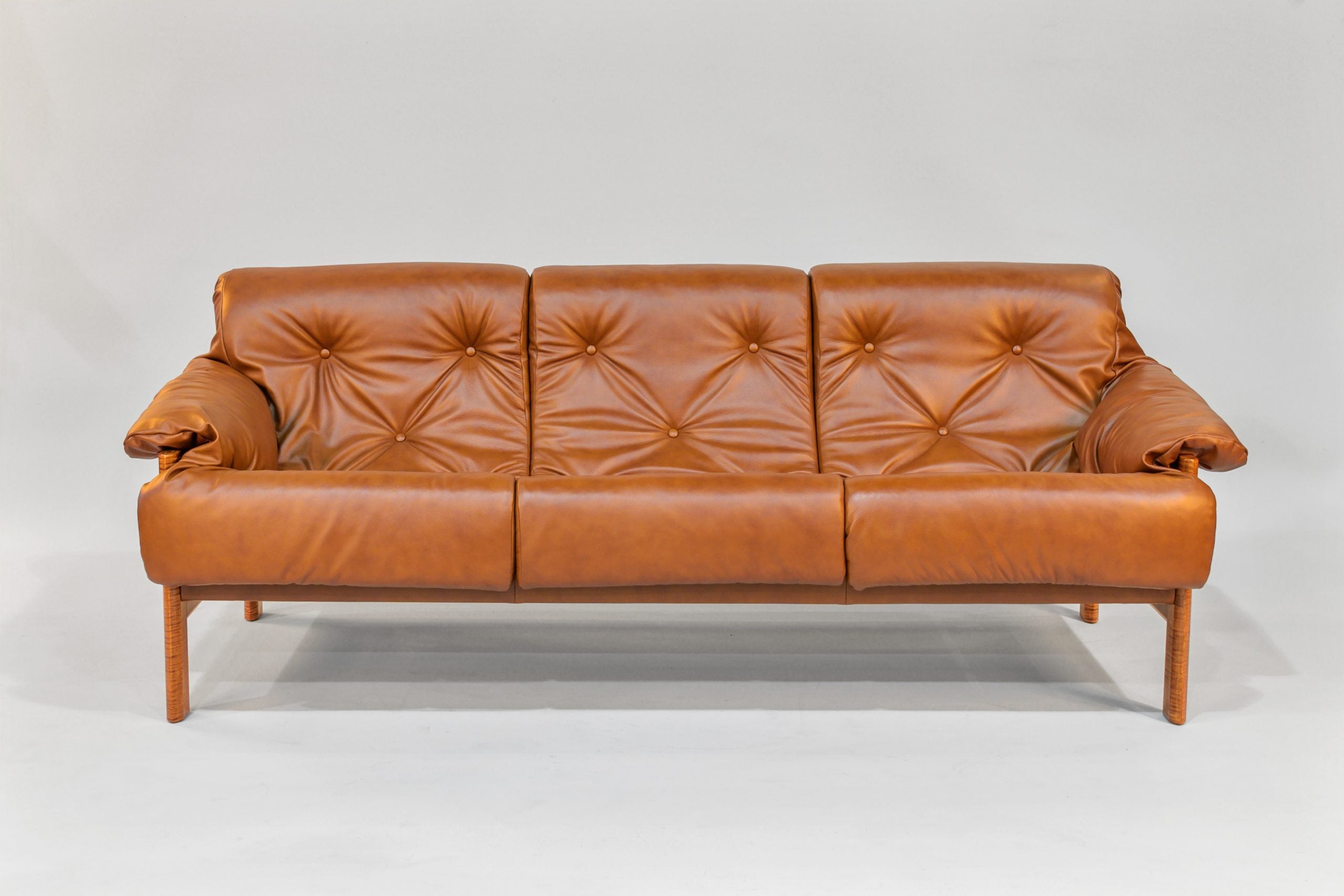 Sofa – Brown Leather with Tiger Maple Arms (Honey) - We The Collective