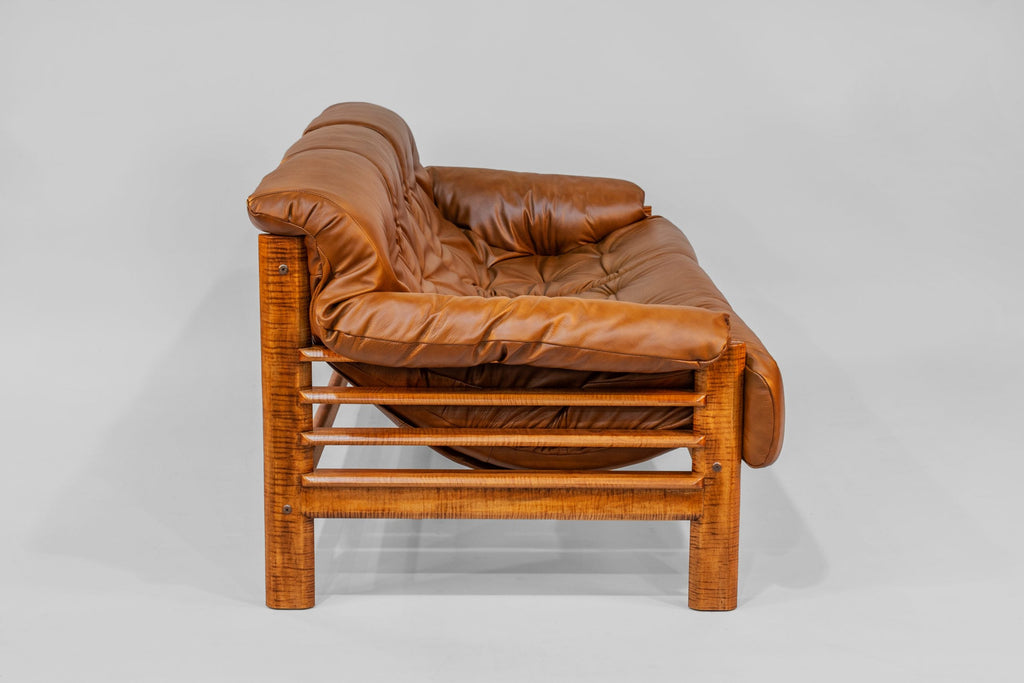 Sofa – Brown Leather with Tiger Maple Arms (Honey) - We The Collective