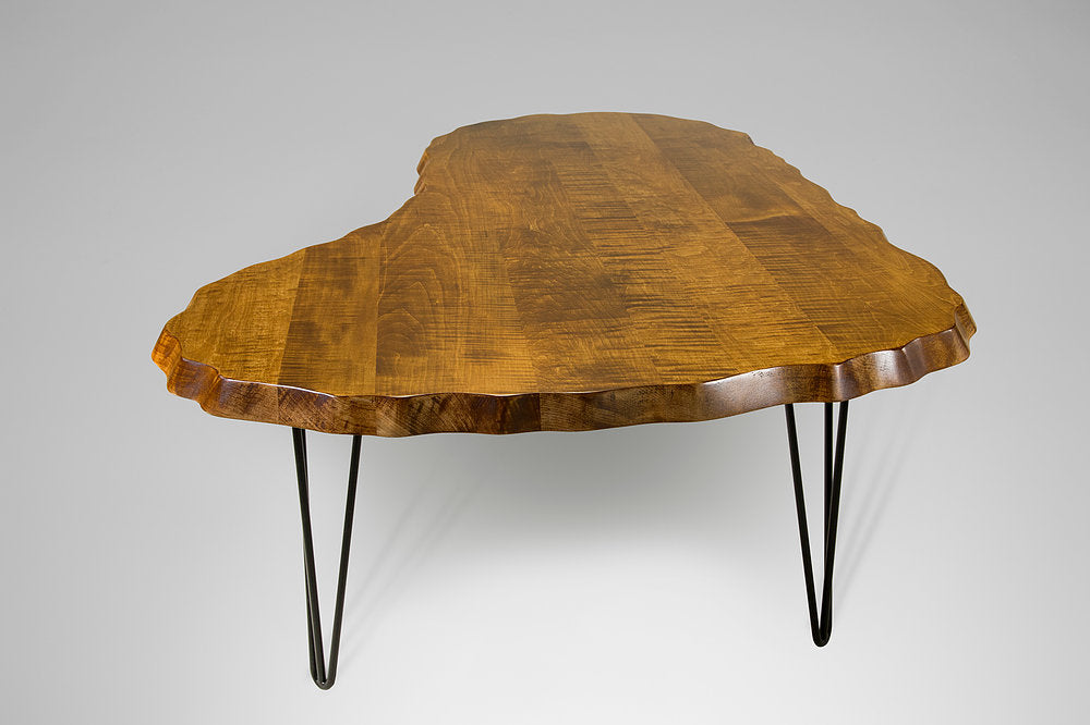 Wavy Tiger Maple Kidney Table with Hairpin Legs