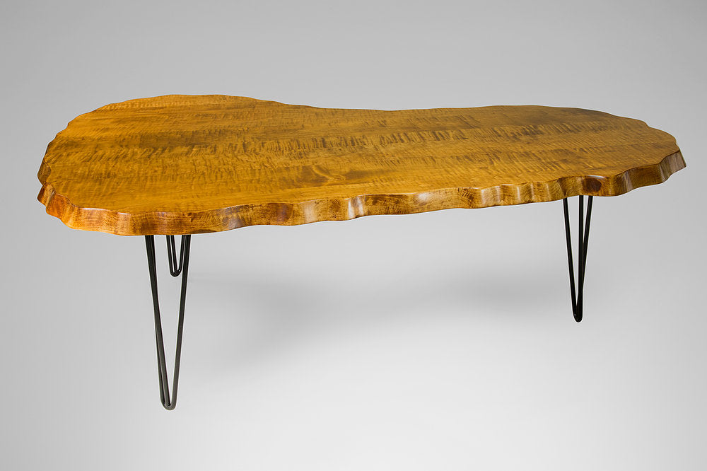Wavy Tiger Maple Kidney Table with Hairpin Legs