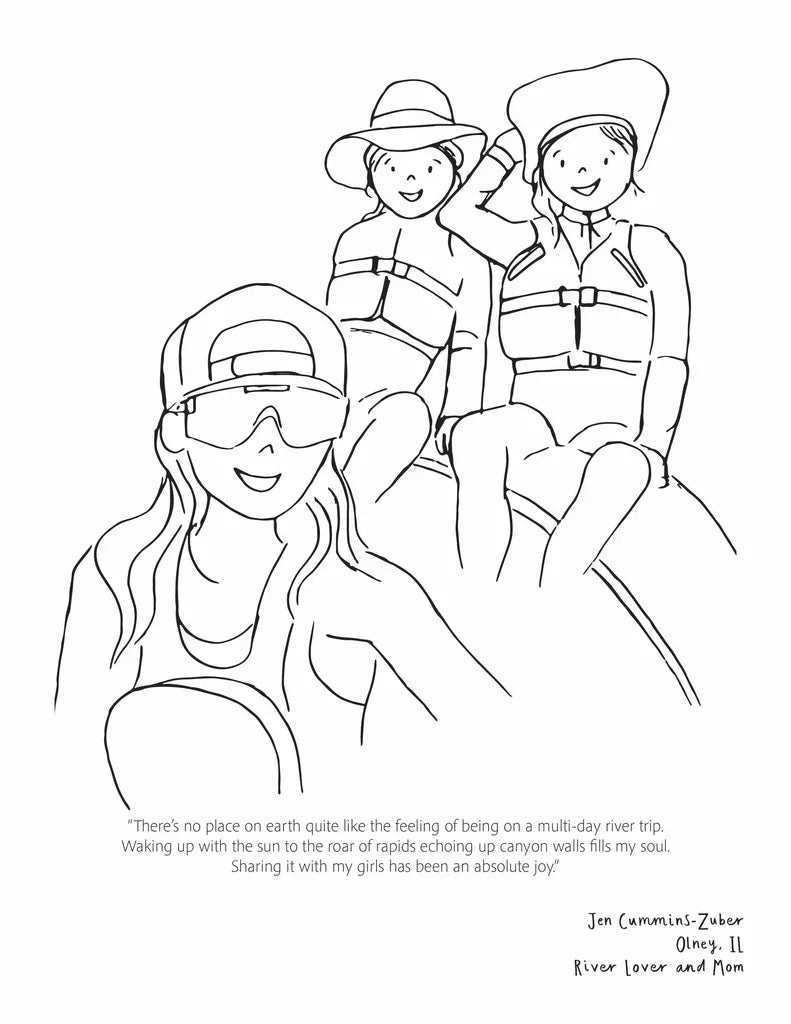 Black and white line drawing of three people on a river trip with text underneath.