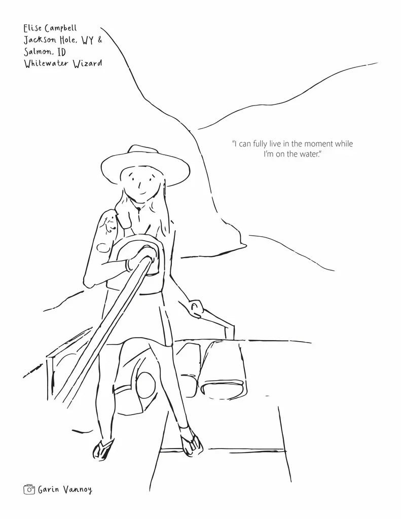 Line drawing of a person on a boat with text about living in the moment on water.