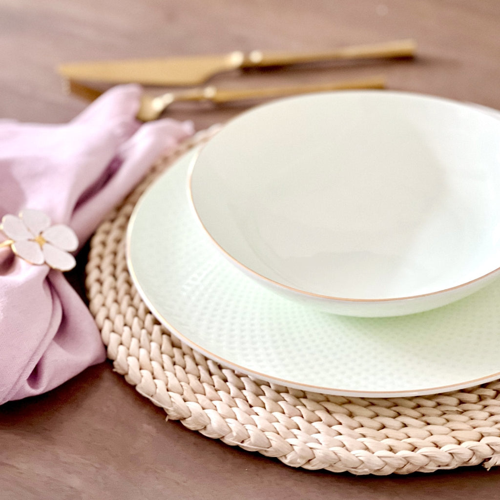Camille Bone China Dinnerware Set - White/Pistachio - 12-Piece Service for 4