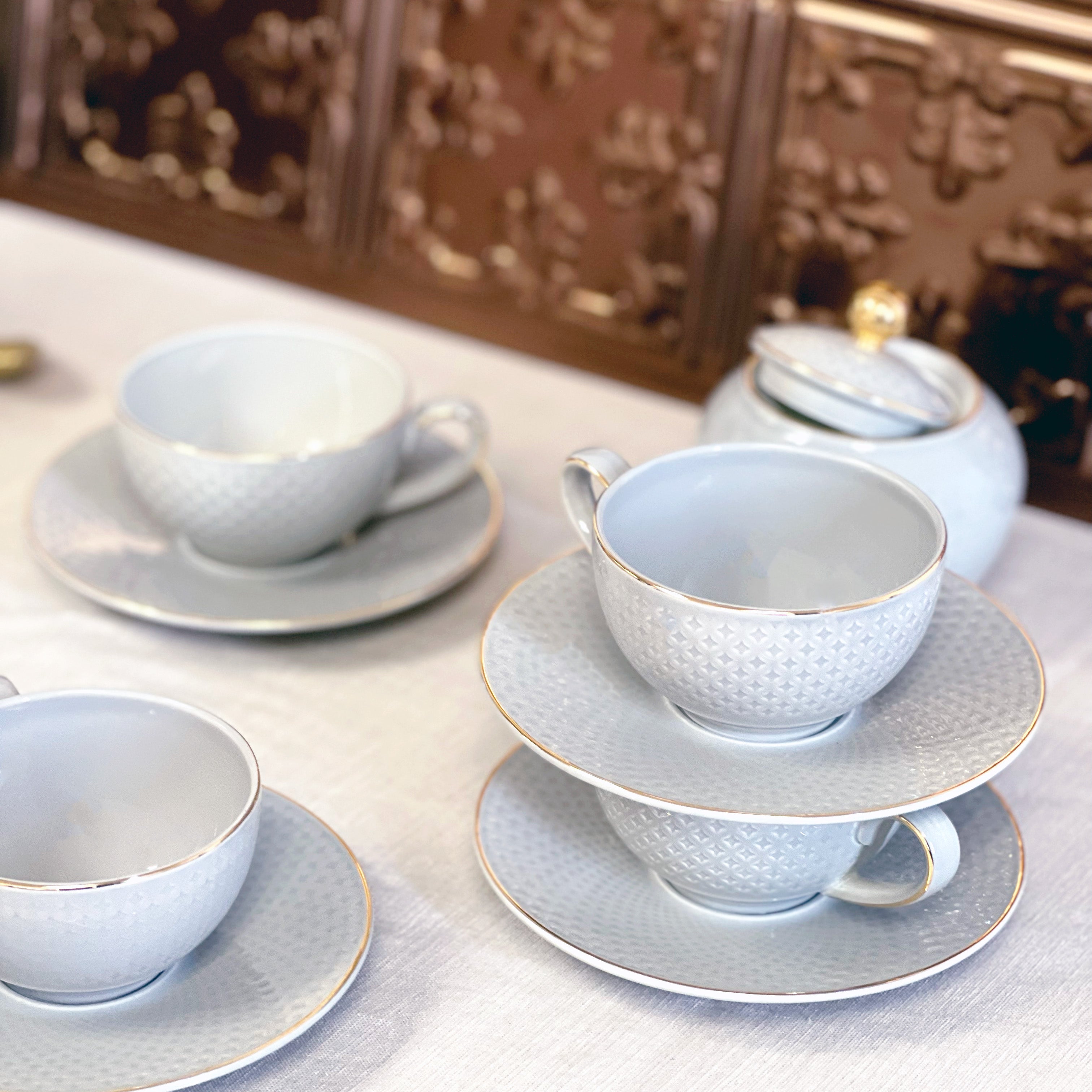 Camille Bone China Tea & Coffee Set - Art Deco Service for 4 with Gold Rim