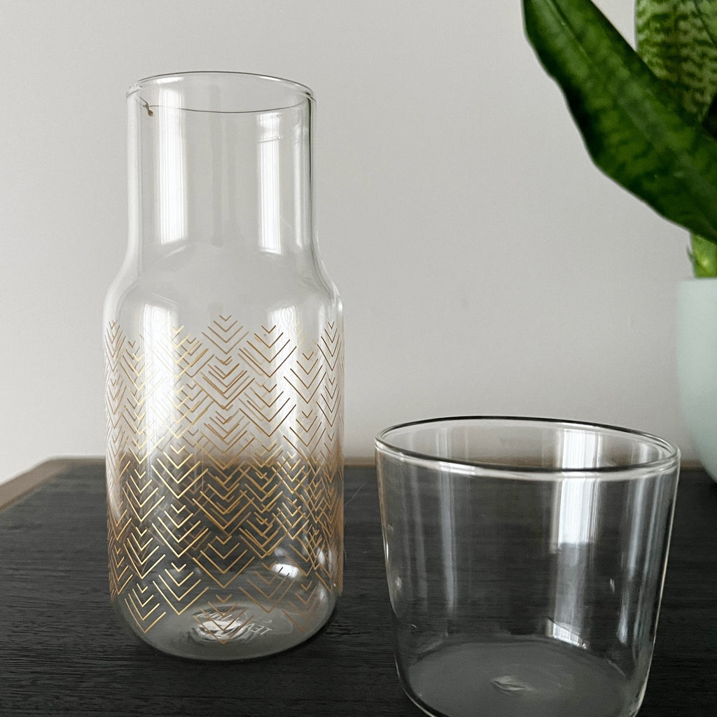 Chevron Bedside Carafe - Glass Water Carafe with Tumbler Lid