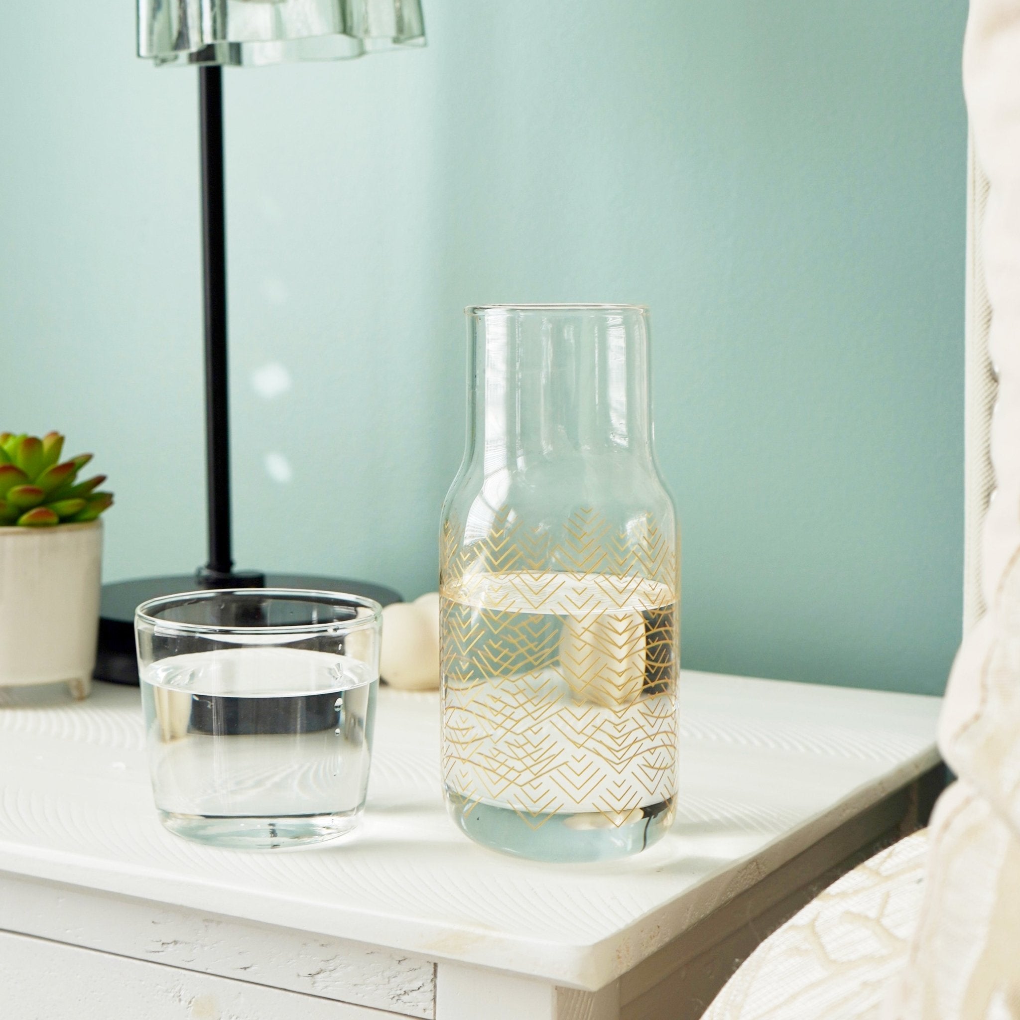 Chevron Bedside Carafe - Glass Water Carafe with Tumbler Lid