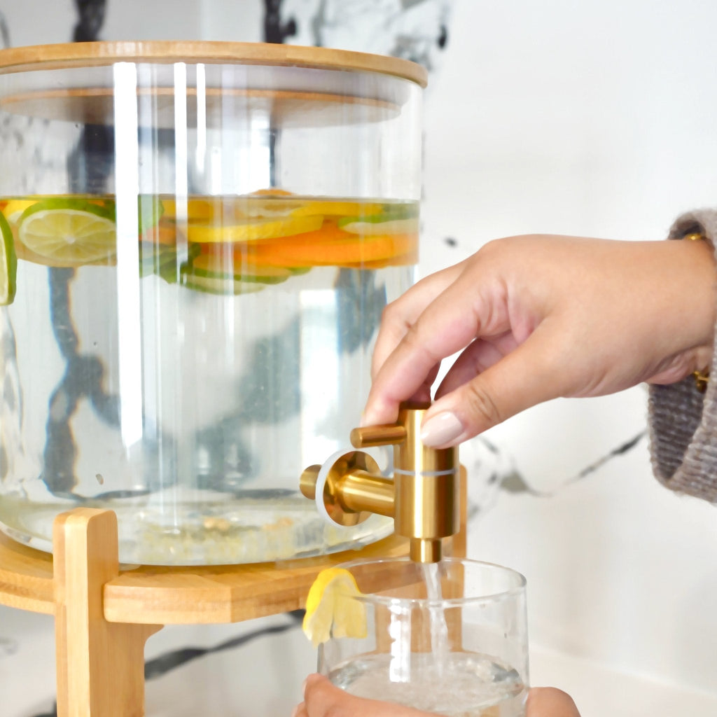 Glass Drink Dispenser with Stand - 7L or 5L with Wood Base & Spout