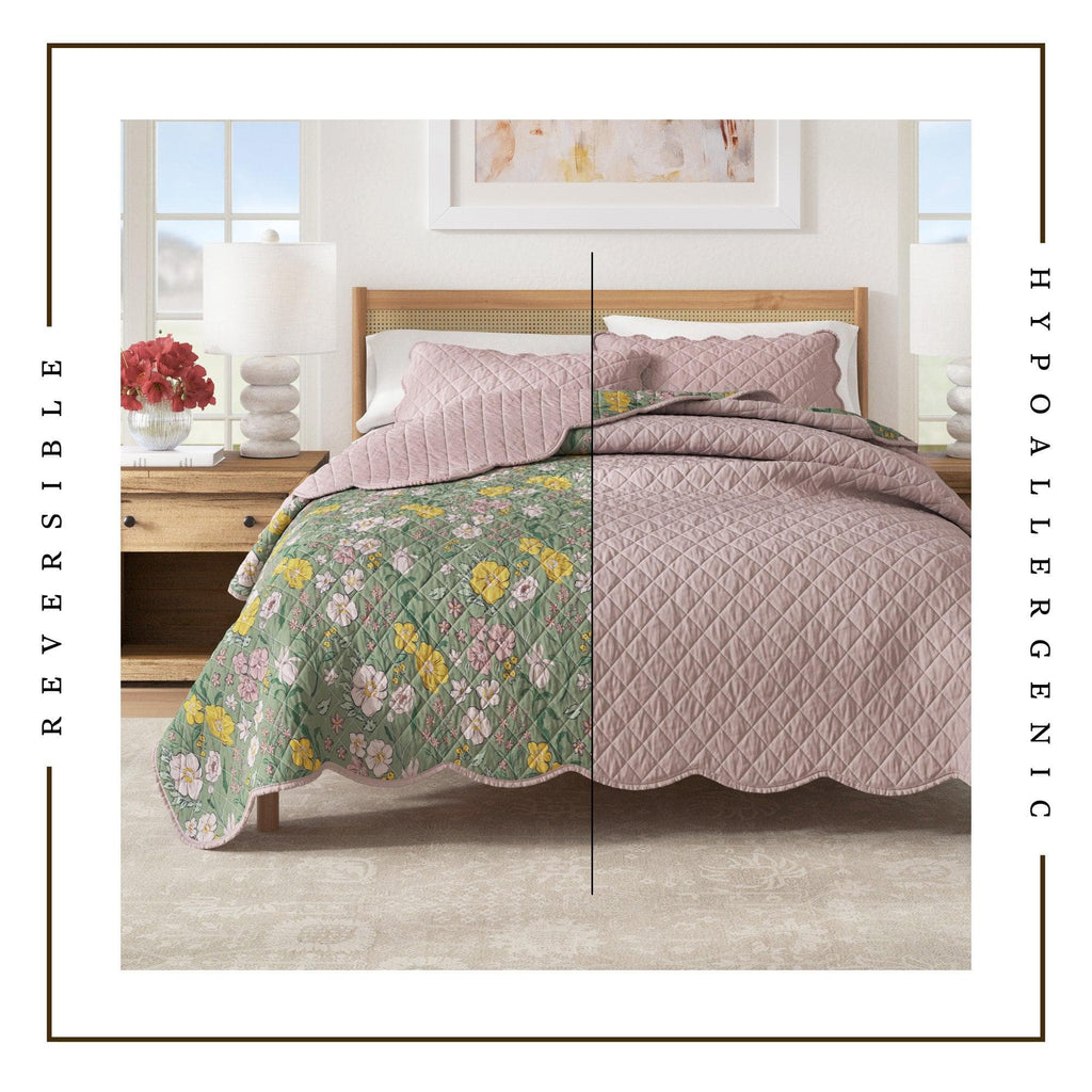 Floral Print & Scalloped Edge Cotton Quilt Set - Gwen Collection - We The Collective
