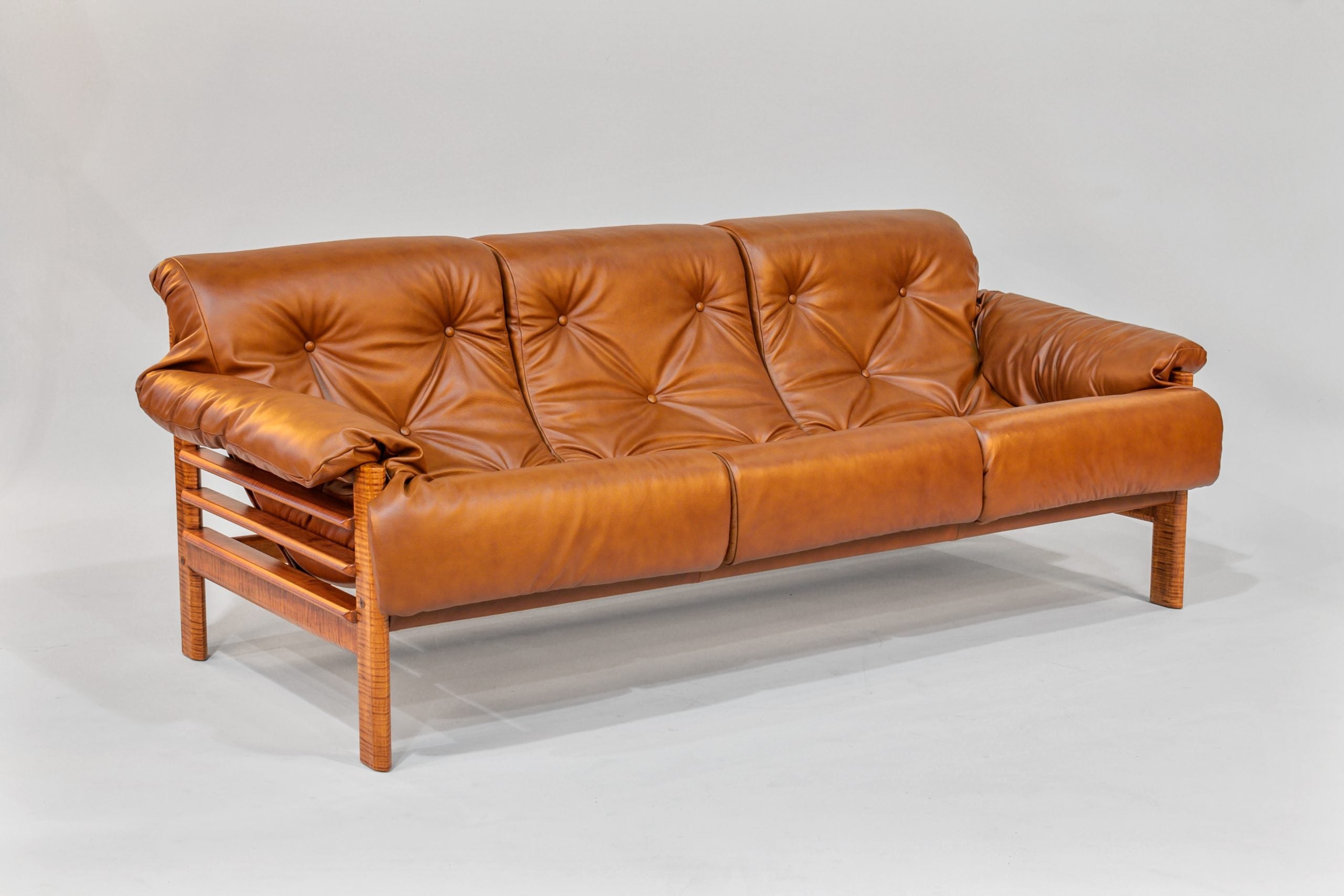 Sofa – Brown Leather with Tiger Maple Arms (Honey) - We The Collective